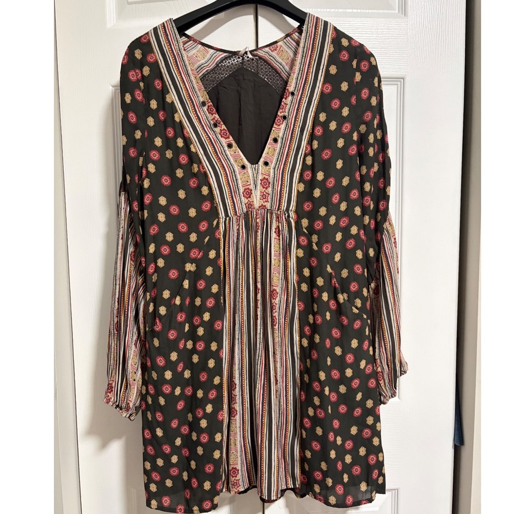 Free People Pebble Rain Mini Dress Boho Floral Long Sleeve Black Red OB439589